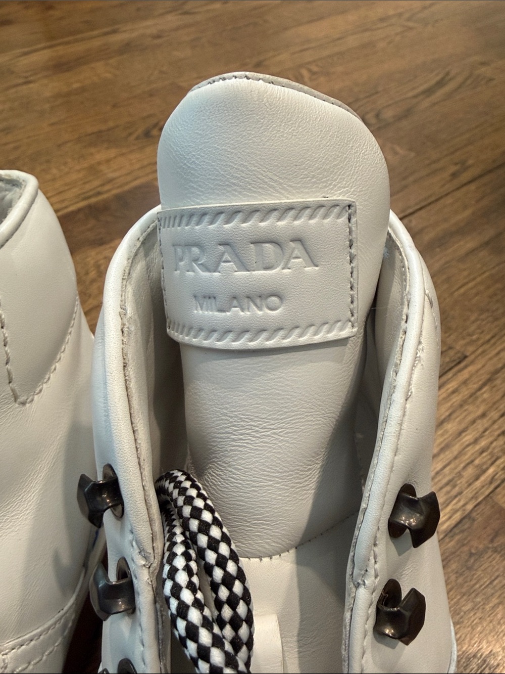 Prada White Leather Lace-Up Boots with Green Toe - Picture 15 of 16